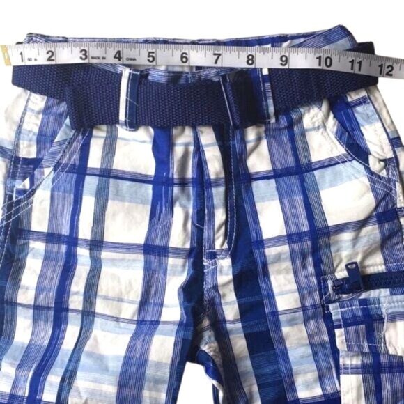 H&M Boys Blue Plaid Cargo Shorts With Adjustable Belt Size Boys 5 Cotton - Picture 7 of 8